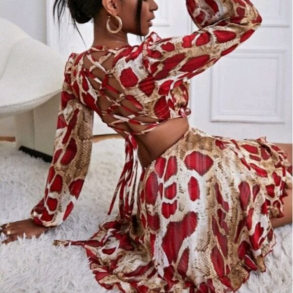 SNAKEPRINT FRILL SLIT SIDE BOHO DRESS - Picture 3 of 10